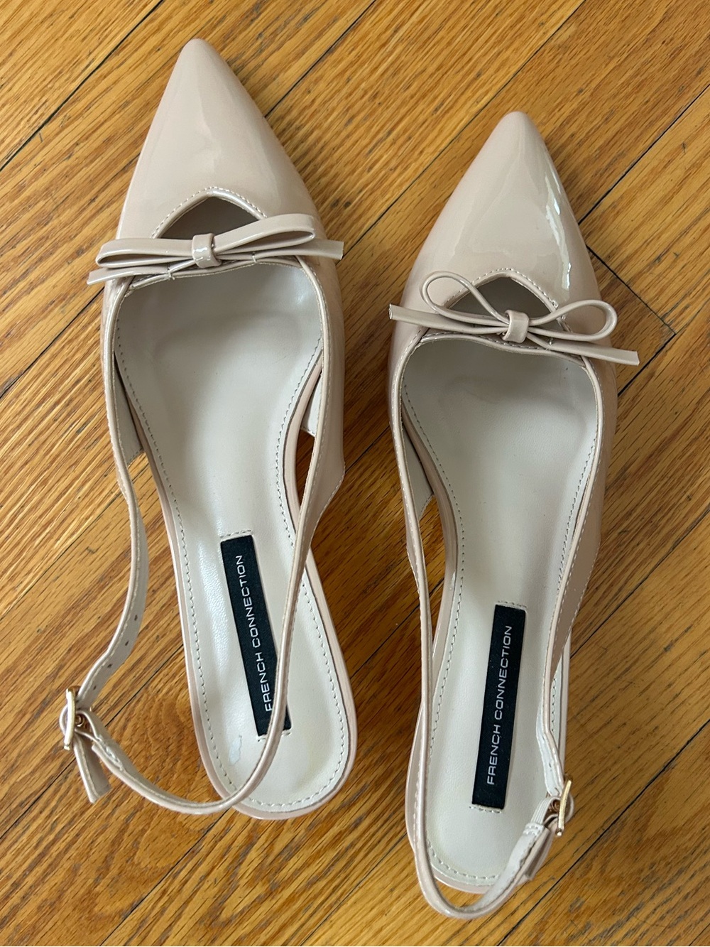 French Connection Beige Patent Pointed Slingback Flats with Bow